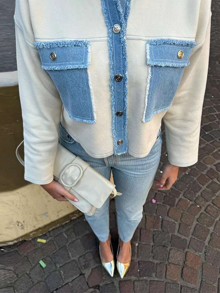 Y2k Women Patchwork Jacket Lapel Long Sleeves Jeans With Packets Spring Casual Lady Denim Coats Designer Outwear Top