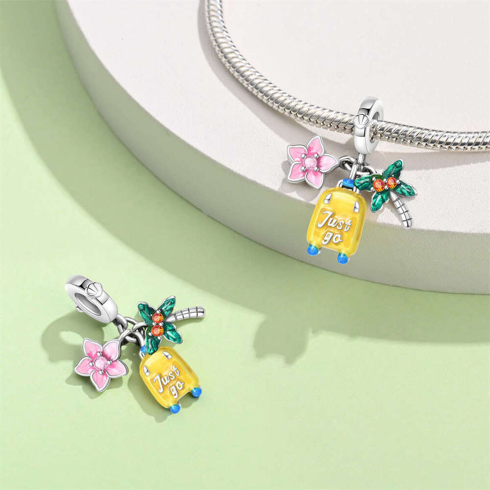 Summer Ocean Travel vacation airplane Charms Retro Luggage beads DIY jewelry 925 Sterling Silver bracelet for women gift