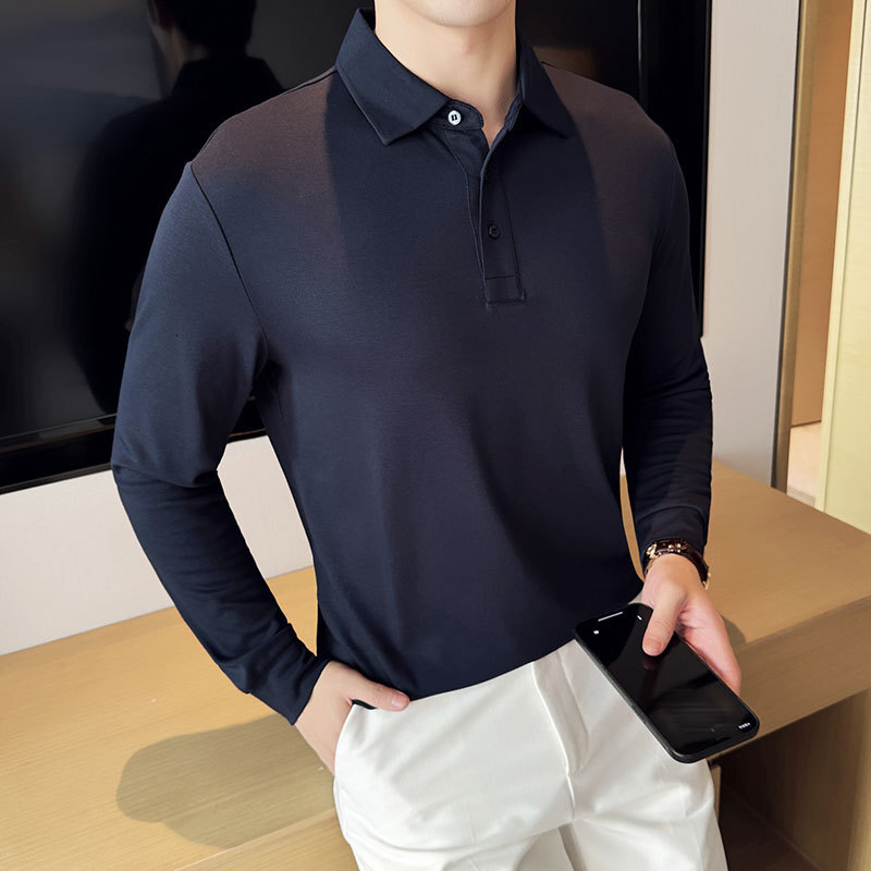 Long sleeved polo shirt, business casual lapel T-shirt, high-end sense, autumn and winter solid color trendy men's clothing tracksuit