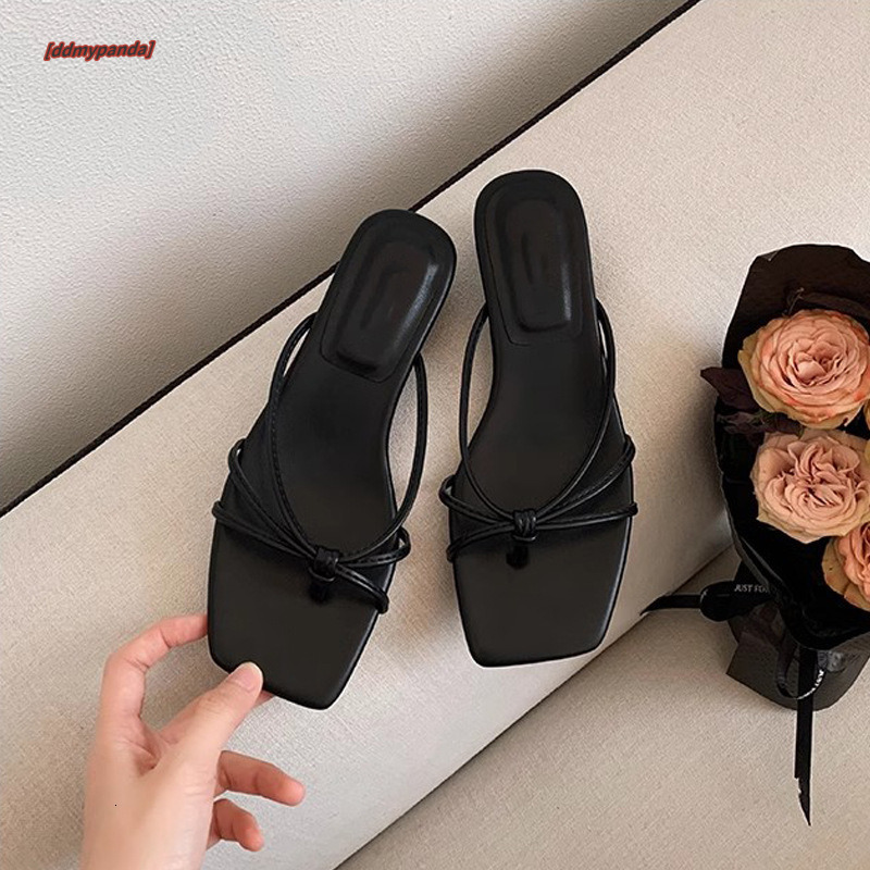 Grape Mom Summer New French Square Headed Thin Belt Hollow Clip Feet Thick Heel Flat Bottom Sandals for Women's Outwear ddmypanda