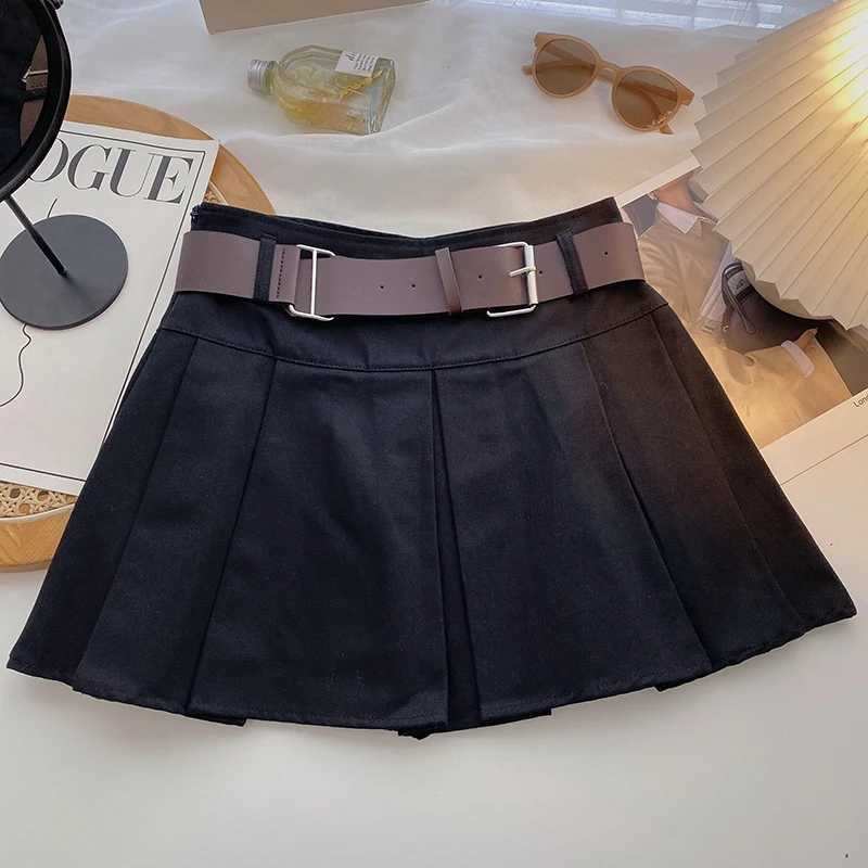 2023 A-line Skirts with Belt Women High Waist Short Skirt Buttons Skirt Female Clothing Female All-matchT250311