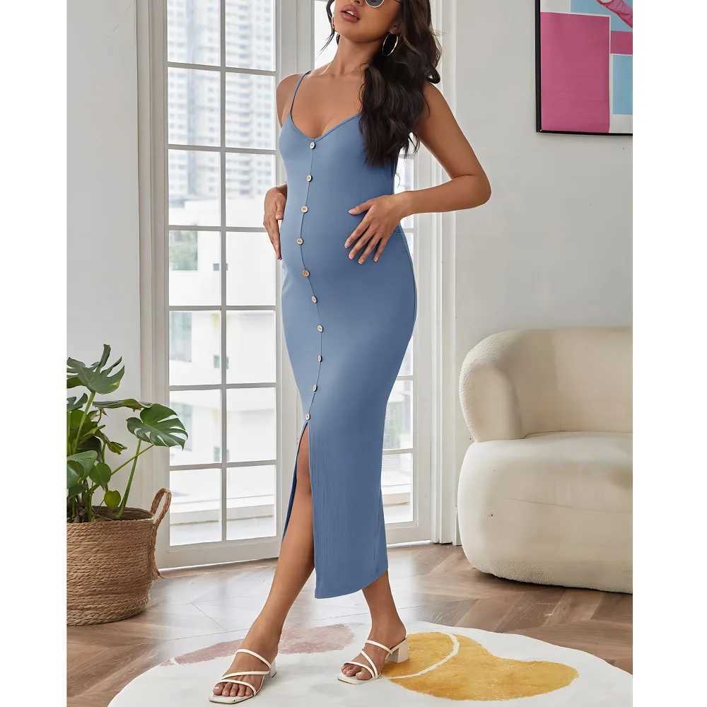 Pregnancy Dresses Maternity Photoshoot Solid Color Clothes Sexy Button-down Split Sleeveless Maternity Womens Dress ClothingT250311