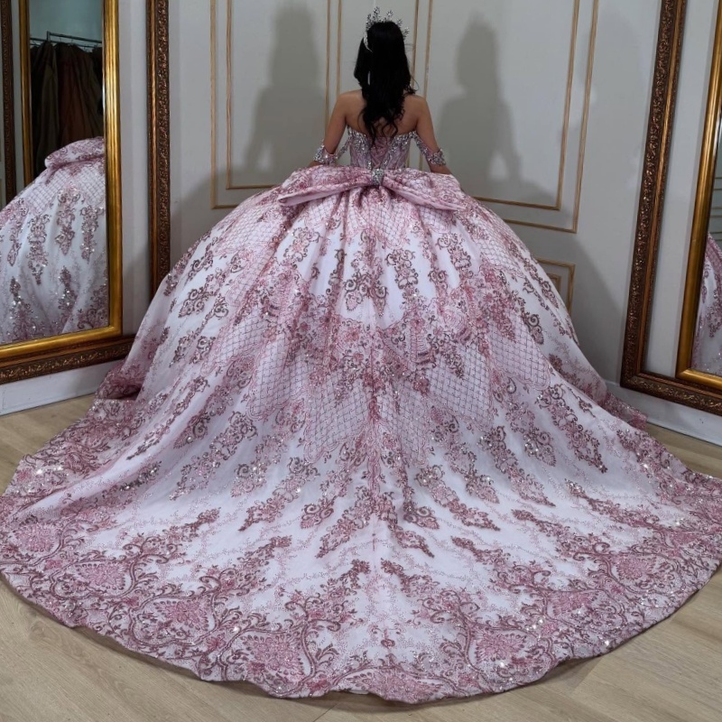 Pink Shiny Off Shoulder Quinceanera Dresses Sequin Applique Lace Beading Tull Bow Party Birthday Sweet 16 Dress Vestidos 15 De Anos