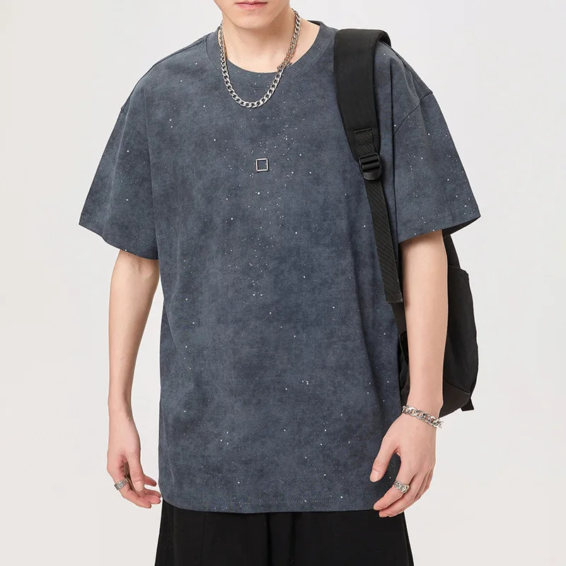 Washed tie dyed sparkling diamond short sleeved T-shirt for mens summer trend knitted loose fashion street top 250310