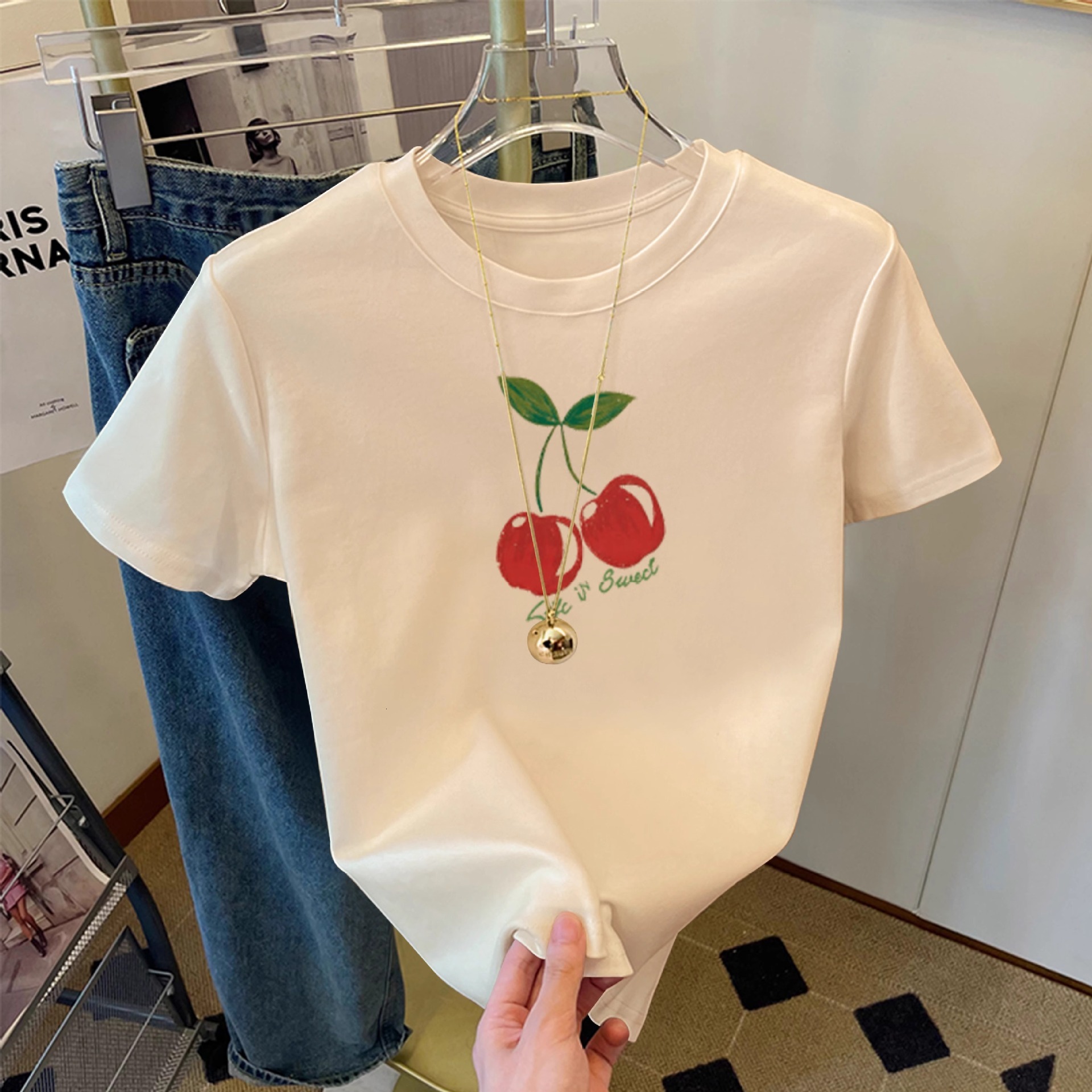 Pink cherry short sleeved women's T-shirt 2025 summer new design niche versatile pure cotton loose fit top trendy casual T-shirt5