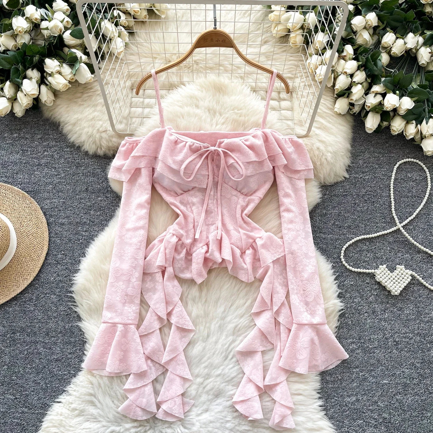 Korean Off Shoulder Sexy Blouse Female Long Flare Sleeves Ruffles Beach Shirt Summer Irregular Floral sweet Top 250311