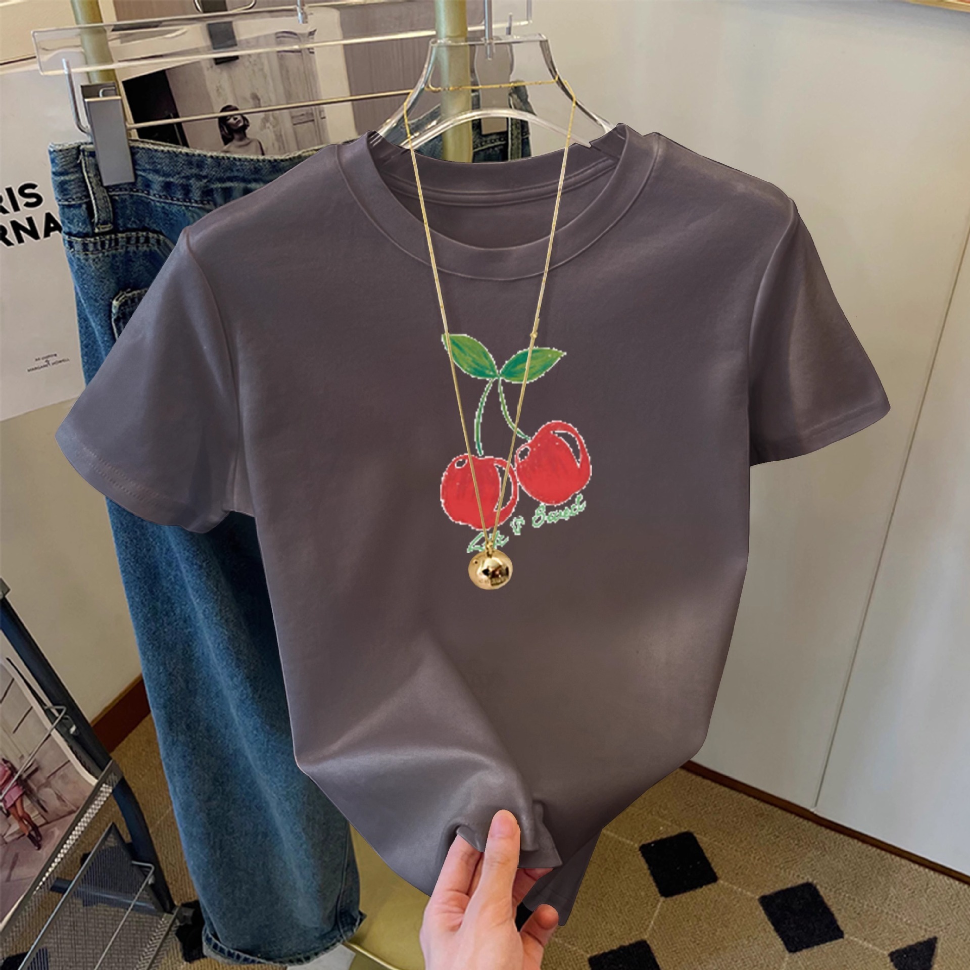 Pink cherry short sleeved women's T-shirt 2025 summer new design niche versatile pure cotton loose fit top trendy casual T-shirt5