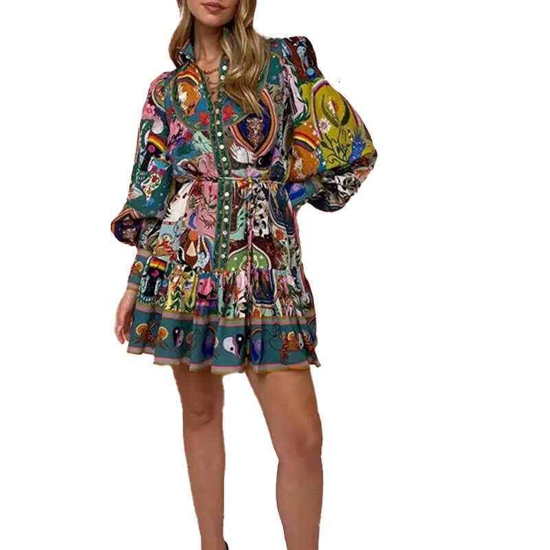 Women's 2025 Spring New Printed Round Neck Waist Strap With Hundred Fold Ruffle Edge Long Sleeve Dress KLMY