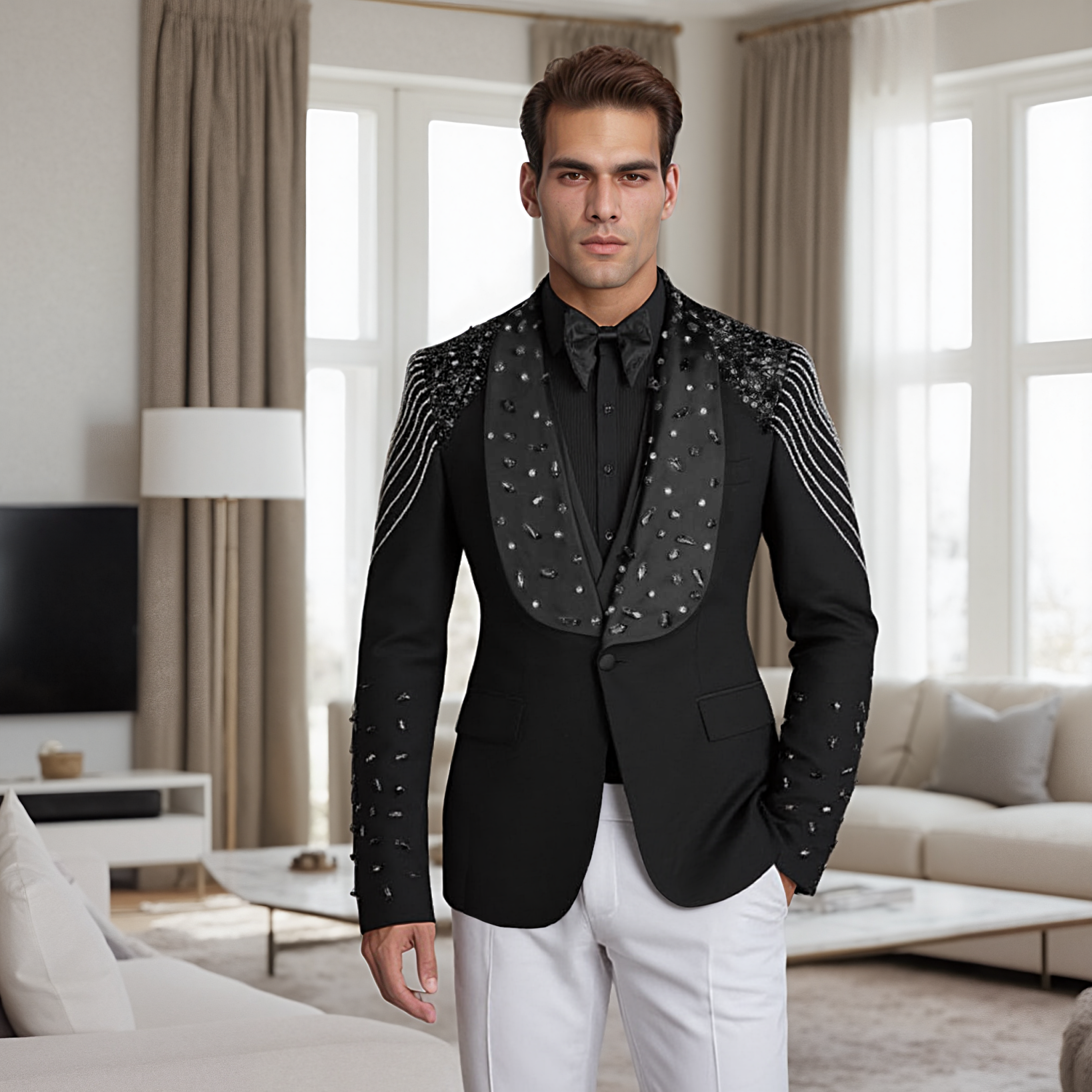 Fashion Wedding Tuxedos Beaded Crystal Men Suit Shawl Lapel 3 Piece Set Jacket Vest Pants Groom Business Blazers Customized