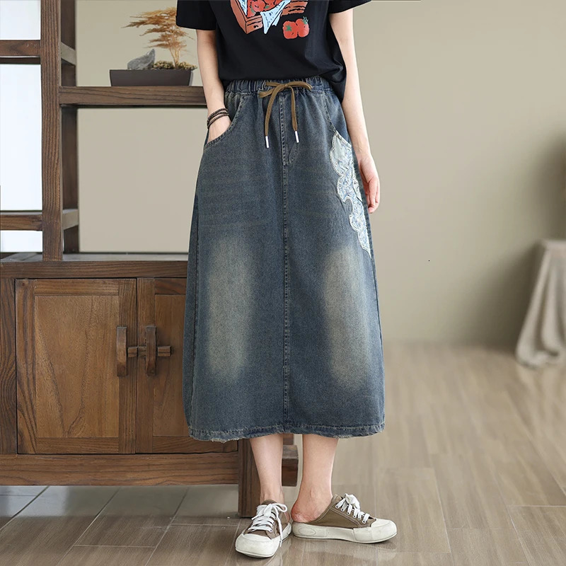 High Waist Denim Long Skirt Women Arrival Spring Vintage Style Floral y Loose Female Casual Aline Skirts S009 250311
