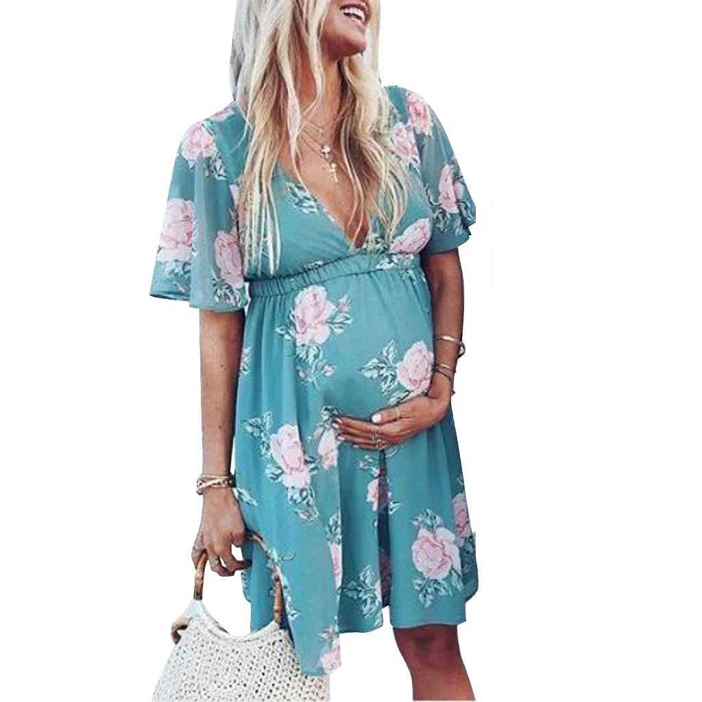Summer Sexy Maternity Dresses Floral Printed Pregnancy Clothes Women V-neck Belt Knee-Length Dress for Pregnant SundressT250311