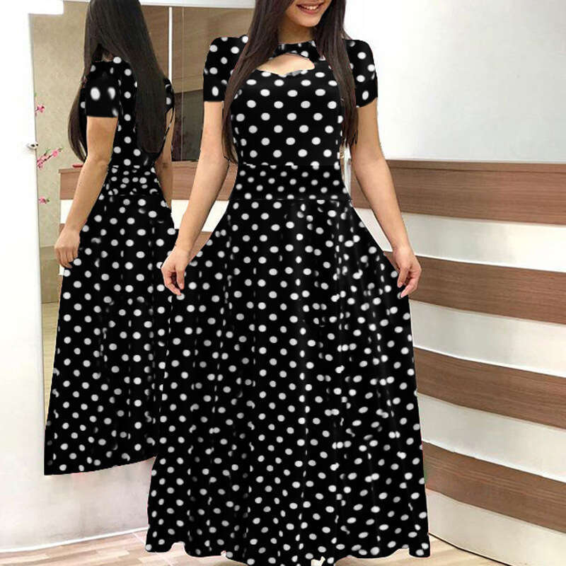 2025 Spring Women's Elegant And Fashionable Printed Round Neck Short Sleeve Grand Swing Dress 661 KLMY