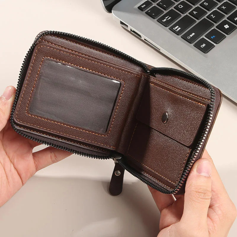 Mens wallet short version solid color youth simple three fold multifunctional student zipper coin purse 250311