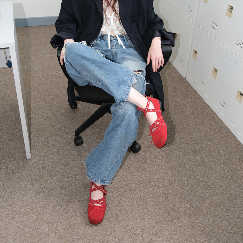 High Quality Sheepskin Women s Red Bow Small Order 2025 Spring And Summer Genuine Leather Shallow Mouth Rivet Ballet Fashion Designer Summer Sandals F