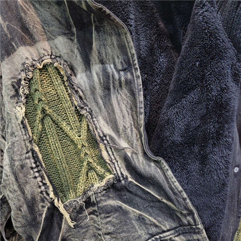 Personalized Distressed Denim Stitching Fried Dough Twists Wool Contrast Hooded Cardigan Thickened Plush Short Coat For Winter Women