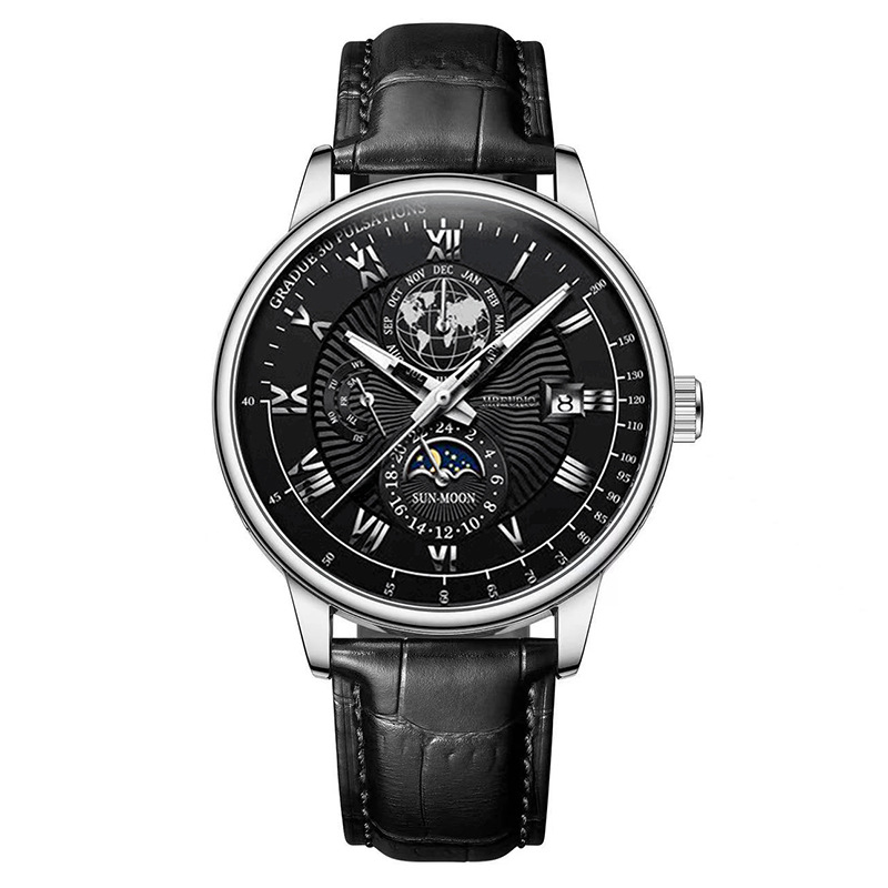 Stylish and Trendy Mens Watch with Three Eye Calendar Starry Sky Moon Design and Leather Belt Perfect for Fashionable Men