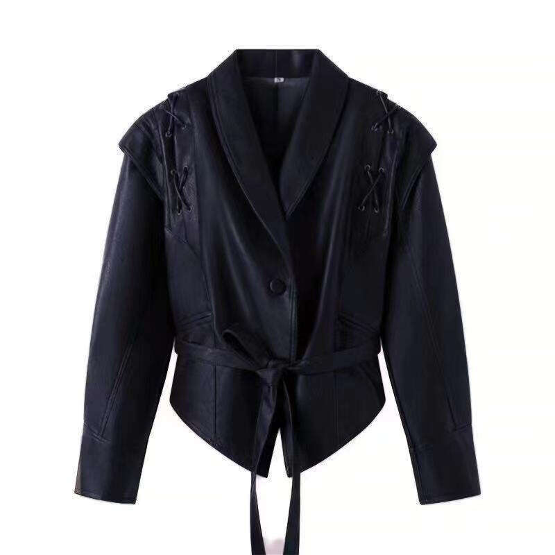 2024 Spring Women's Elegant V-Neck Slim Fit Splicing Solid Color Imitation Leather Jacket Coat