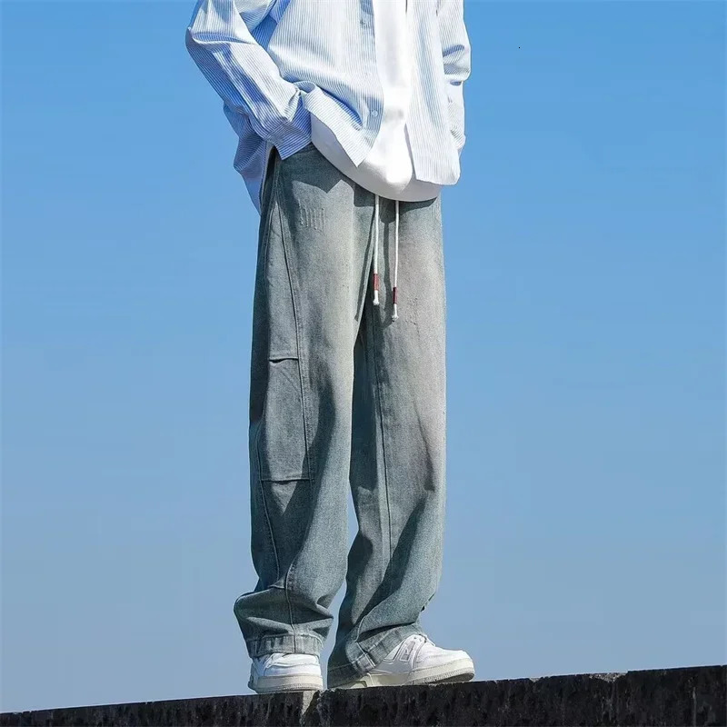 American Distressed Straight Drawstring Jeans For Men High Street Baggy Patchwork Denim Pants Hip Hop Fashion Y2K Jean 250311