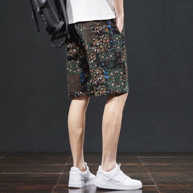 Beach pants mens summer thin ethnic style printed capris trendy loose elastic breathable s shorts 250310