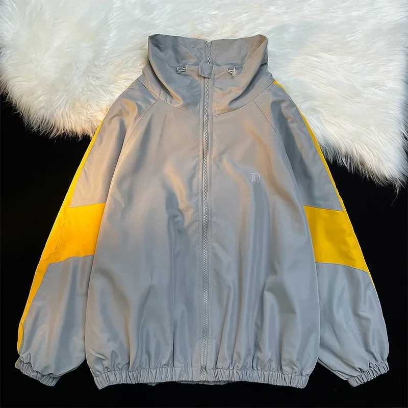 Vintage American Style Loose Fit Men Womens Jacket Thin Spring Autumn Quilted Stand Collar Jacket Color Block Couple TrenchcoatT250311