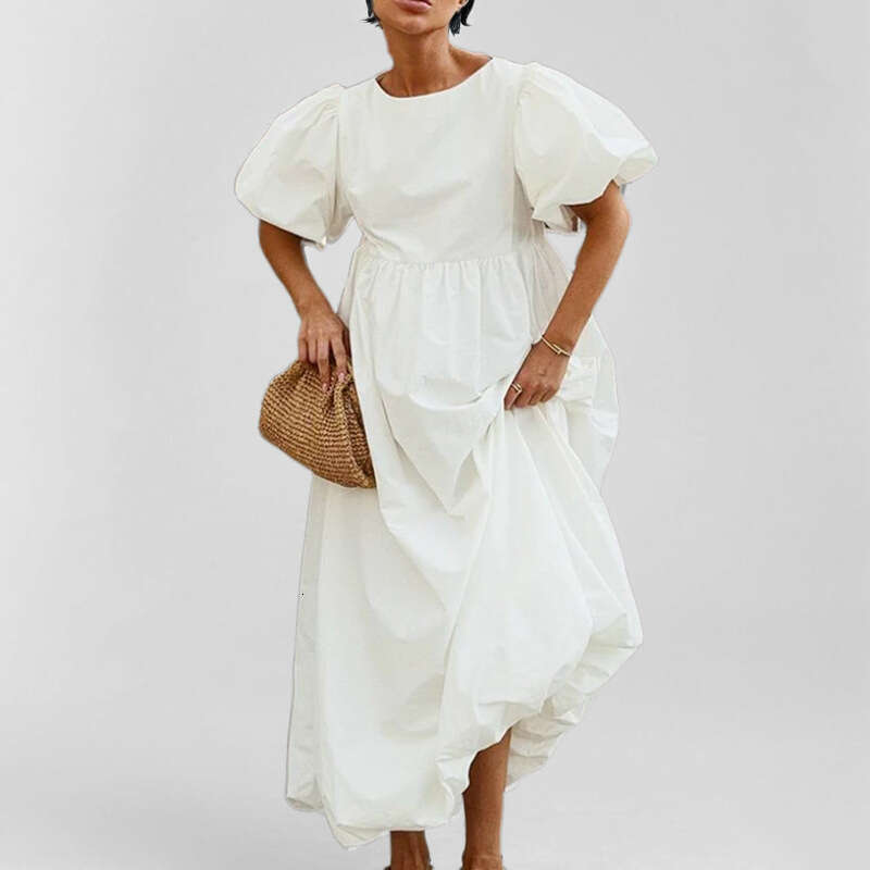 2025 Spring/Summer New Women's Round Neck Bubble Sleeve Solid Color Loose Style Dress For Women KLMY