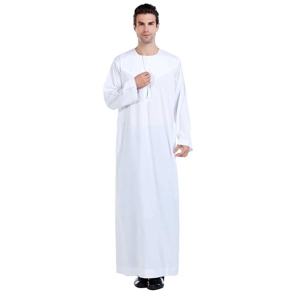 Islam Qamis Man Morocco Thobes for Muslim Men Clothing Arabic Djellaba White O Neck Long Sleeve Shirt Prayer Dress Saudi CaftanXJ250310