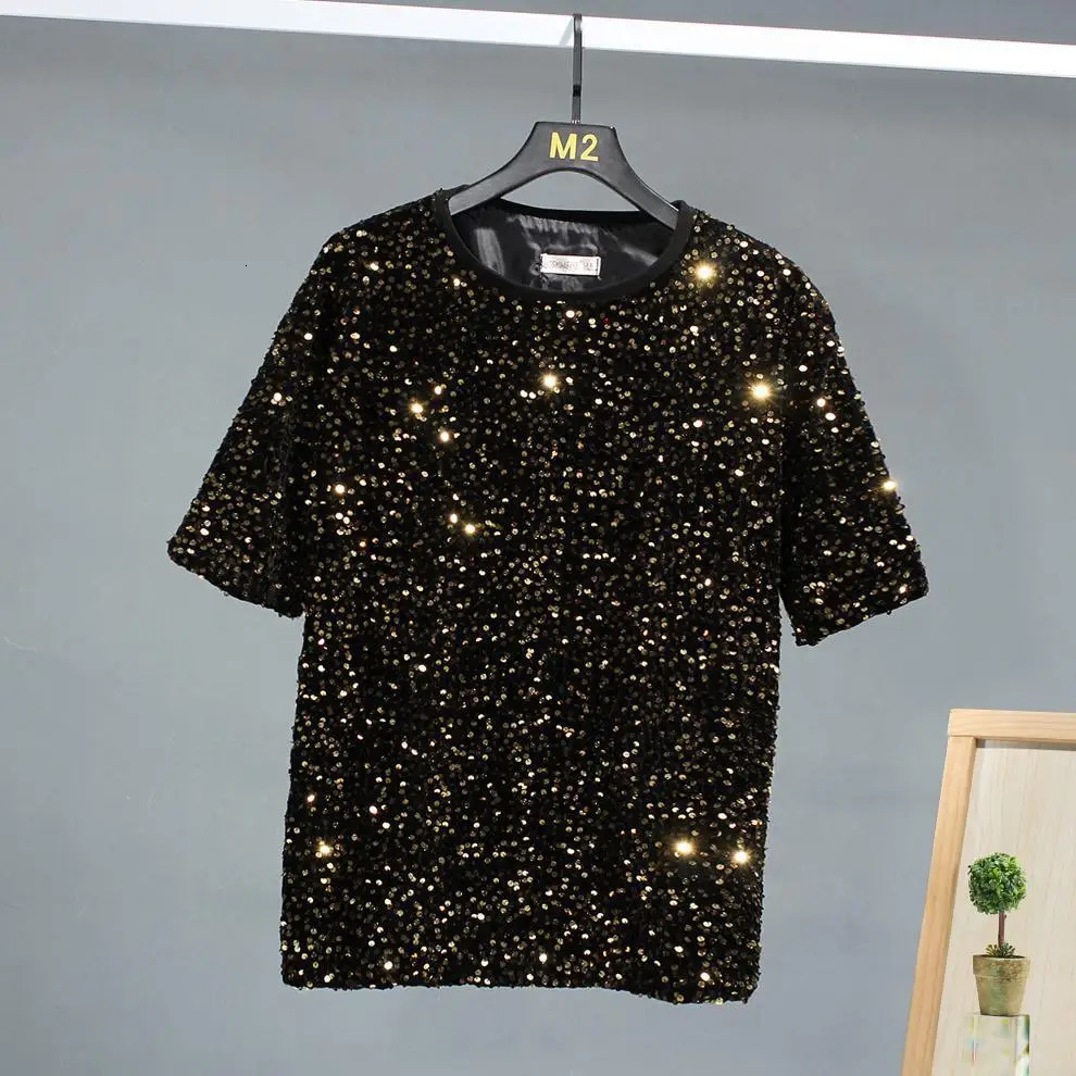 Summer Colorful Shiny Sequin Short Sleeve T Shirt Men Street Casual Hip Hop Tees Tops Stage Performance Costume 250310