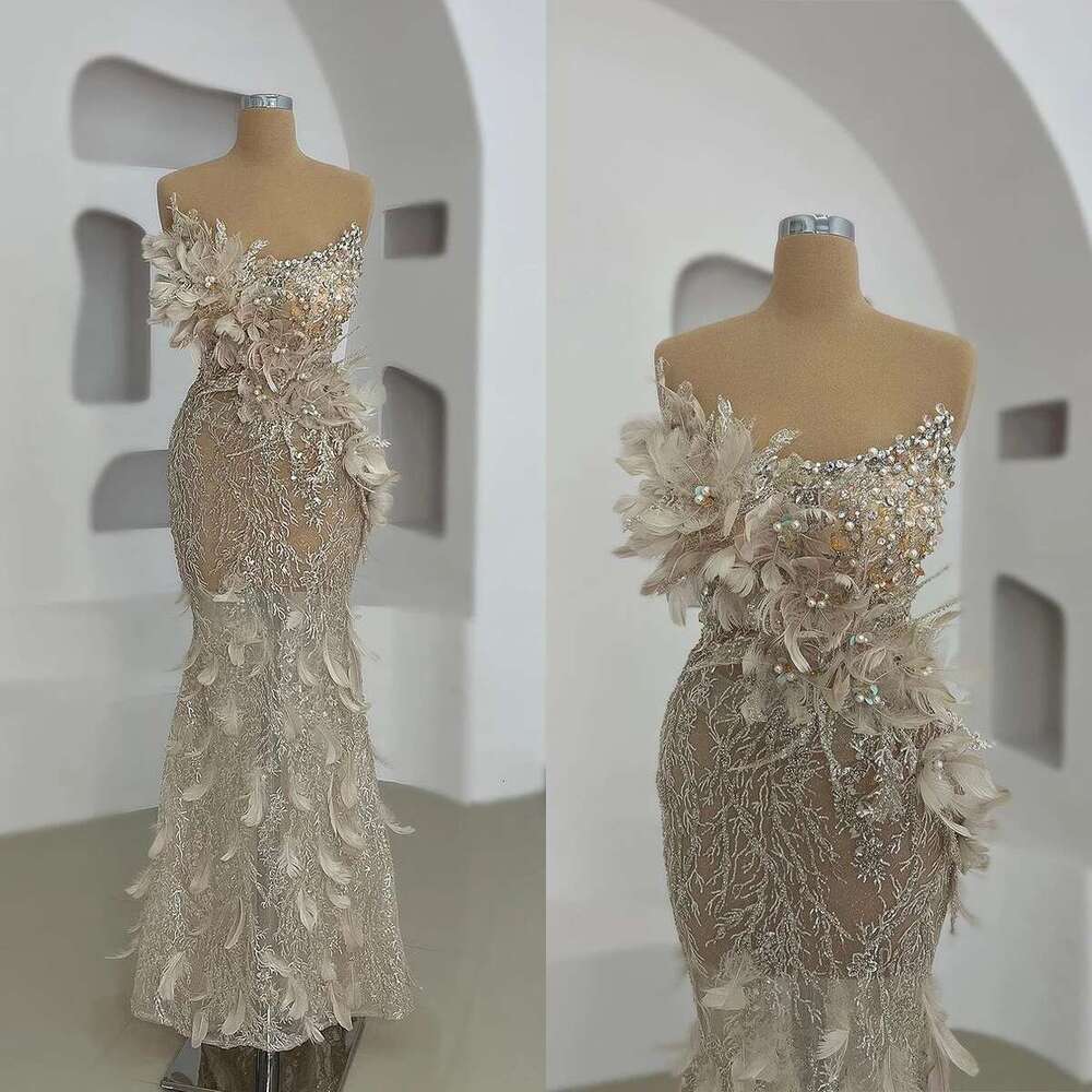 Pearl Mermaid Sexy Ball Gown Feather Strapless Formal Evening Esnte Sequins Lace Custom Party Dresses prom