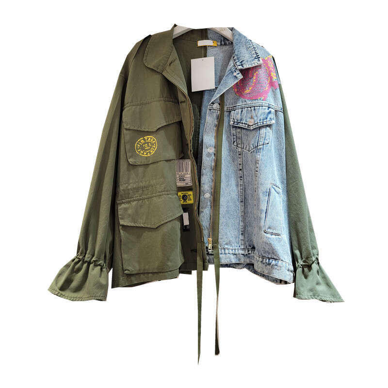 2023 Spring Autumn New Top Fashionable And Versatile Loose Splicing Color Contrasting Denim Coat For Women's Trendy School Season