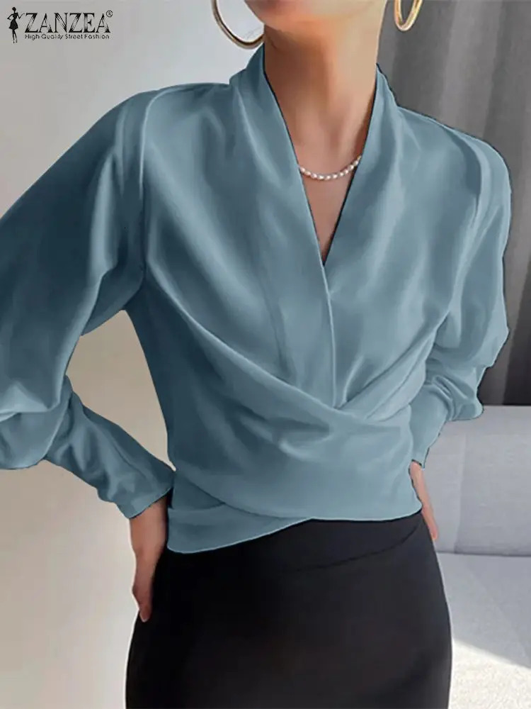 ZANZEA Fashion Wrapped Blouses Women Elegant Long Cuff Puff Sleeve V Neck Tops Waisted Short Irregular Shirts 250310