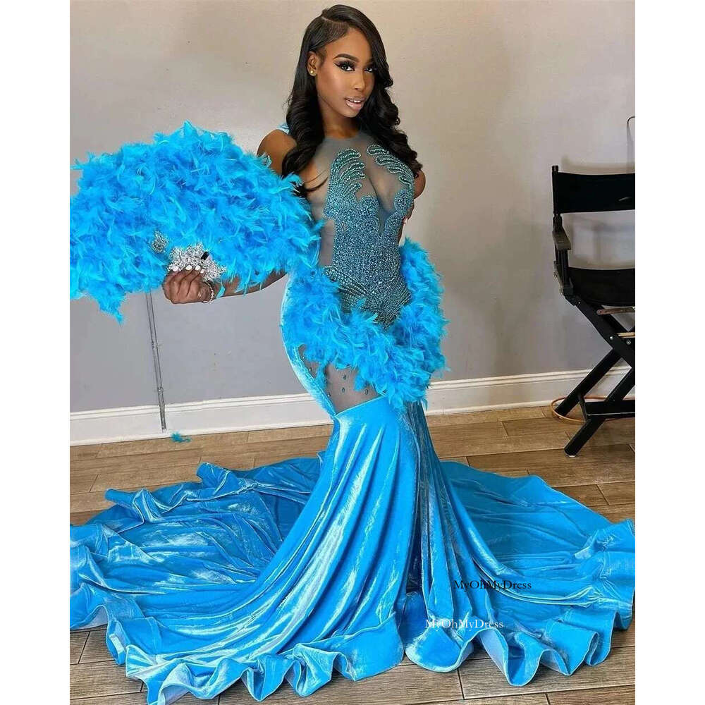 Long Prom Dress For Black Girls Mermaid Sheer Crystals Feather Birthday Party Dresses Women Evening Gown Customized al0311