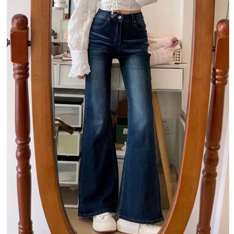 Womens Fashion Vintage Dark Blue Flare Jeans Female Low Waist Bell Bottom Pants Girls Stretch Streetwear Denim Trousers 250311
