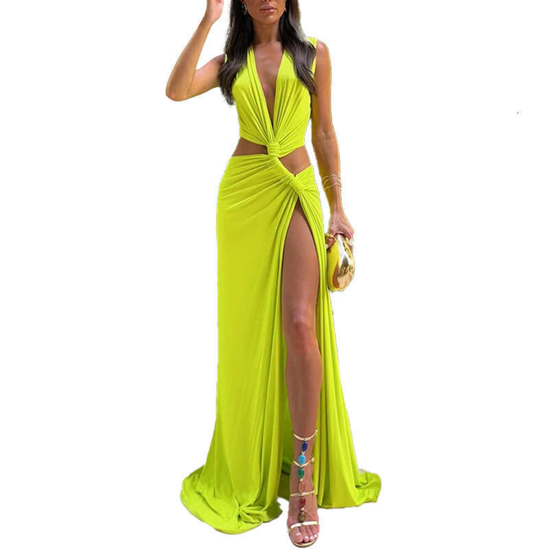 2025 Spring Women's Fashion Hollow Knot Slit V-Neck Sleeveless Pleated Irregular Dress KLMY