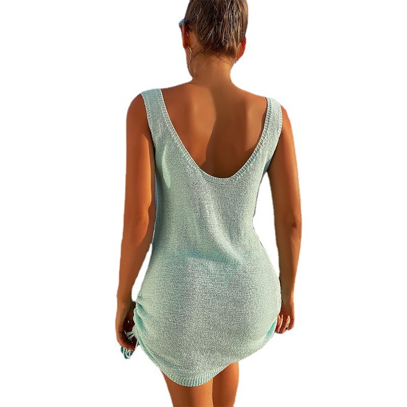 9-Color Women's Fashionable And Sexy Backless Hem Drawstring Knit Dress, Beach Suspender Dress