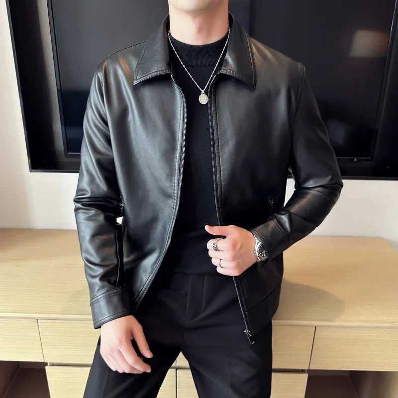 Mens Fashion Leather Jacket Slim Fit Tturn down Collar Coats Male Anti-wind Motorcycle Zipper leahter Jackets Men PU JacketT250311