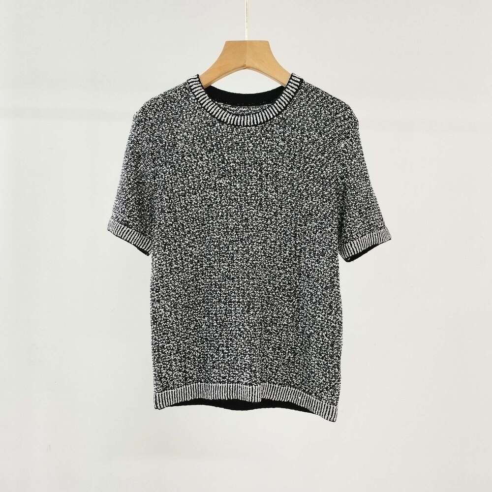 New Summer 2024 Nanyou High End Silk Sparkling Small Fragrant Knitted Shirt Women's Short Sleeve Hoodie Top