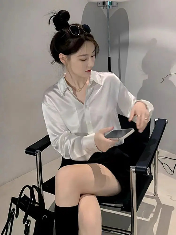 Spring White Satin Women Shirts Long Sleeve Button Solid Color Blouse Casual Office Lady Shirt Elegant Female Tops Fashion 250310