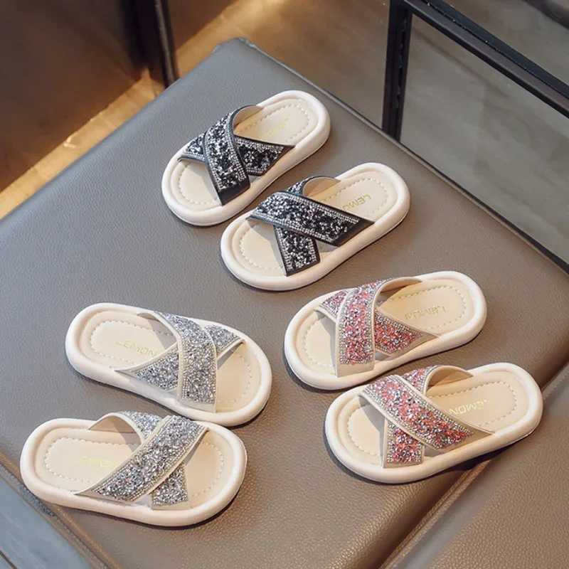Summer Kids Slippers for Girls Rhinestone Beach Shoes Fashion Glitter Cross Belt Princess Shoes Comfortable Soft Sole SandalsT250311