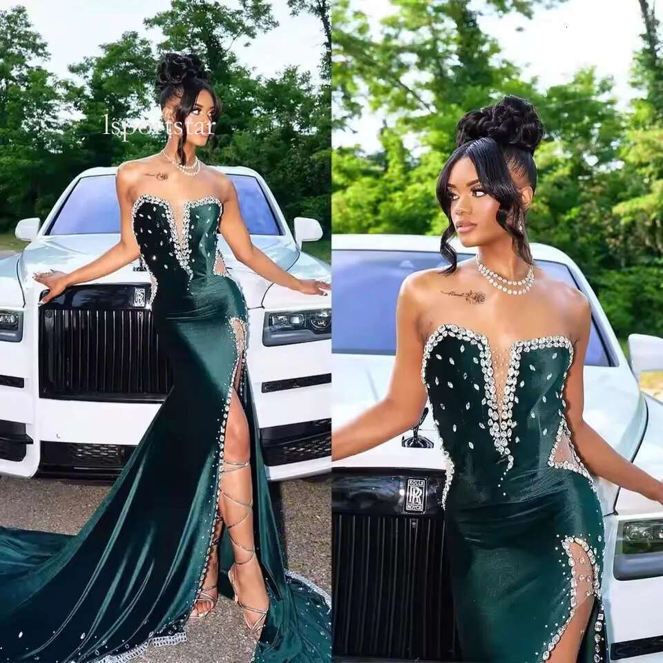 Customized Dark Green Veet Mermaid Prom Illusion Crystal Beading Side Split Evening Dress Birthday Party Guest Gowns