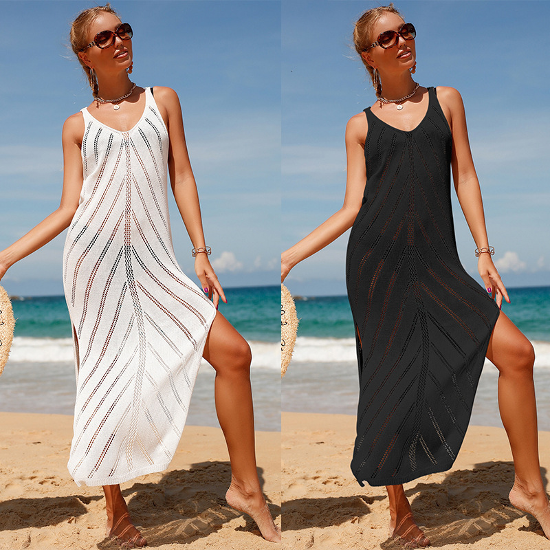 Tourist Vacation Sexy Backless V-Neck Solid Color Breathable Knitted Slit Long Dress Beach Sunscreen Cover
