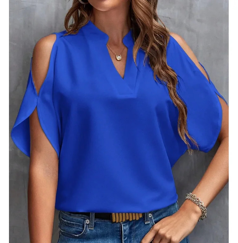 summer and autumn womens blouse shirt fashionable Vneck Solid Tops Short sleeved clothing 250311