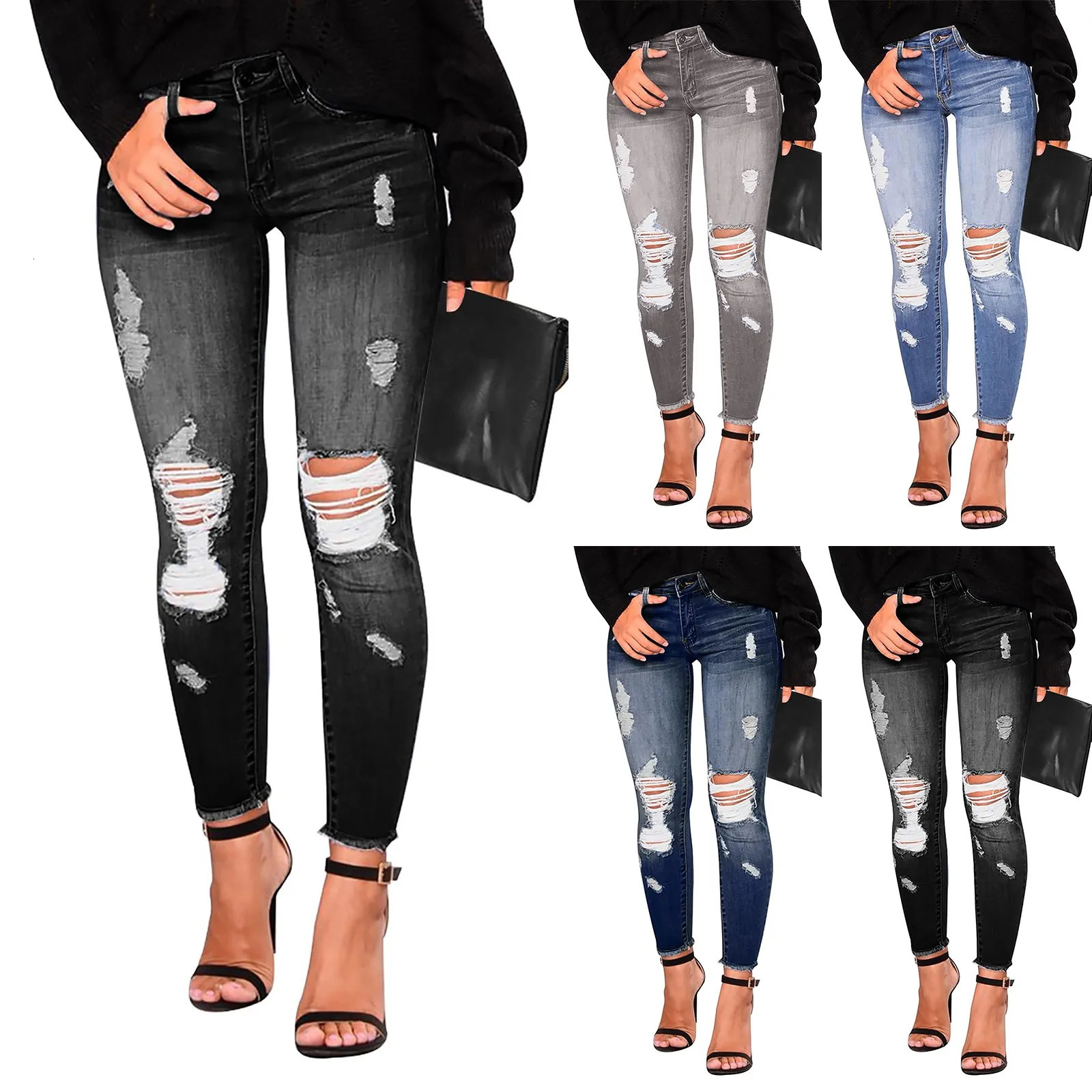 Hip Hop Tear Trouser Womens Tight Trend Jeans Retro 90s Extreme Stretch 250311