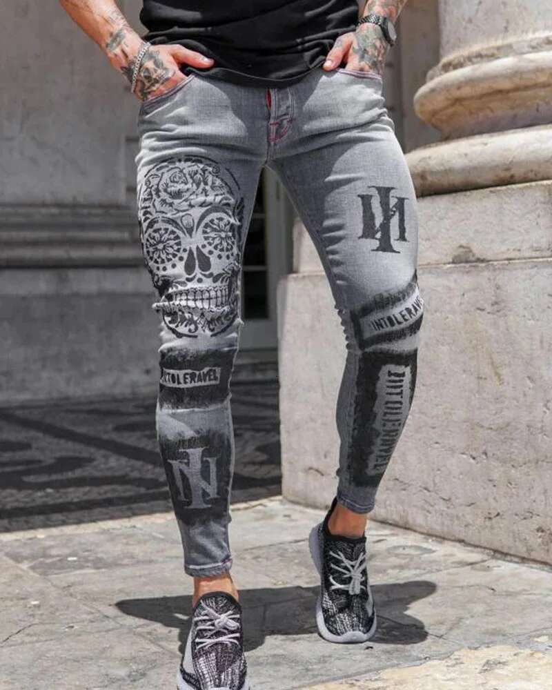2025 Fashion Designer Summer New Jeans Men s Stretch Casual Slim Fit Grey Printed Pencil Pants Tight Outdoor Casual Pants Straight Leg Pants