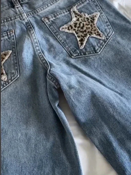 Y2K Harajuku leopard star retro blue straight jeans womens high waist embroidery fashion washed Korean style wide leg pants 250306