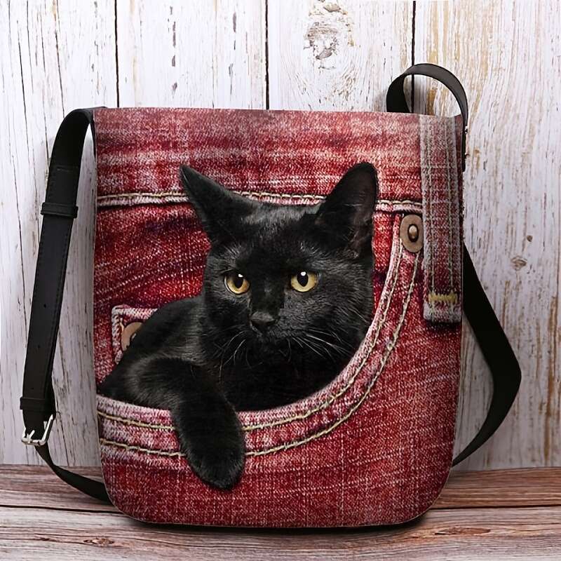 1pc Bohemian Denim-Like cking Fabric Cat Print Women - Light Blue/Red/Yellow, Polyester ed, & Stylish for Everyday Use, Outdoor Accessory Playful Desi