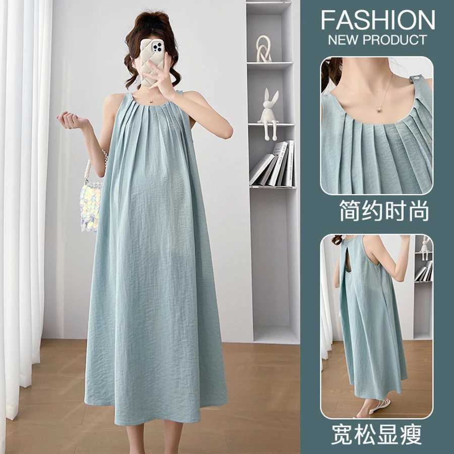 Japan and Korean Style Maternity Summer Clothes Sleeveless Pleated Sundress Solid Color Pregnancy Brief DressT250311