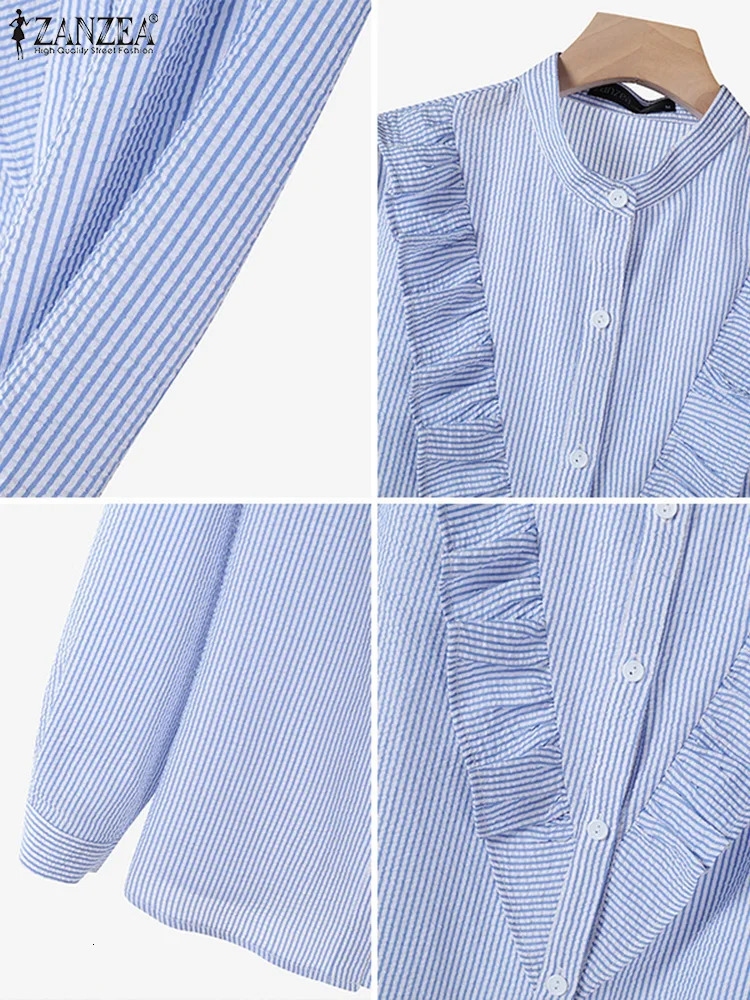 ZANZEA Women Stand Neck Long Sleeve Work Shirt Spring Striped Blouse Elegant Ruffles Tops Tunic Fashion Buttons Down Blouses 250311