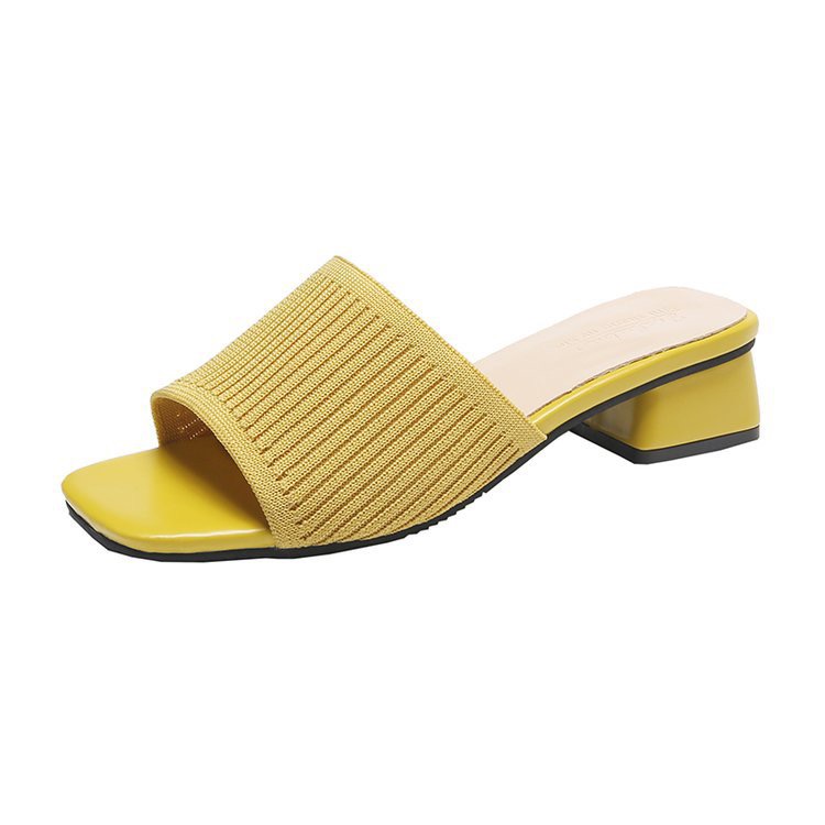 Shoes for Trendy Women Slippers Outdoor Summer Fashion Knitted Stretch Square Heel Open Toe Thick Sandals Huaraches Mujer b553
