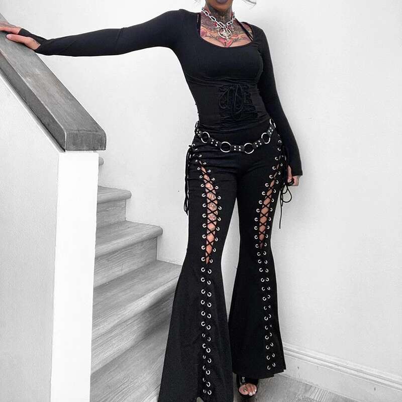 Y2k Gothic Black Lace-Up Pants Sexy Haruku Aesthetic Long Trousers Vintage Women Summer Pants Streetwear Cf24009ah