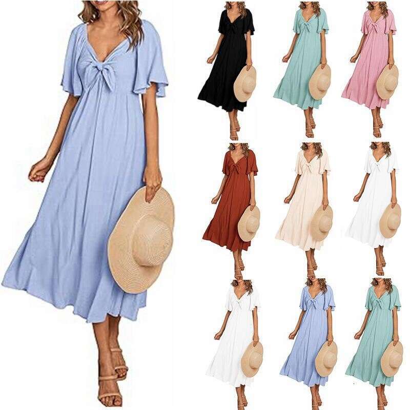 popular European American women's V-neck bow pleated medium long short sleeved dress 2025 new style chic and elegant clothing